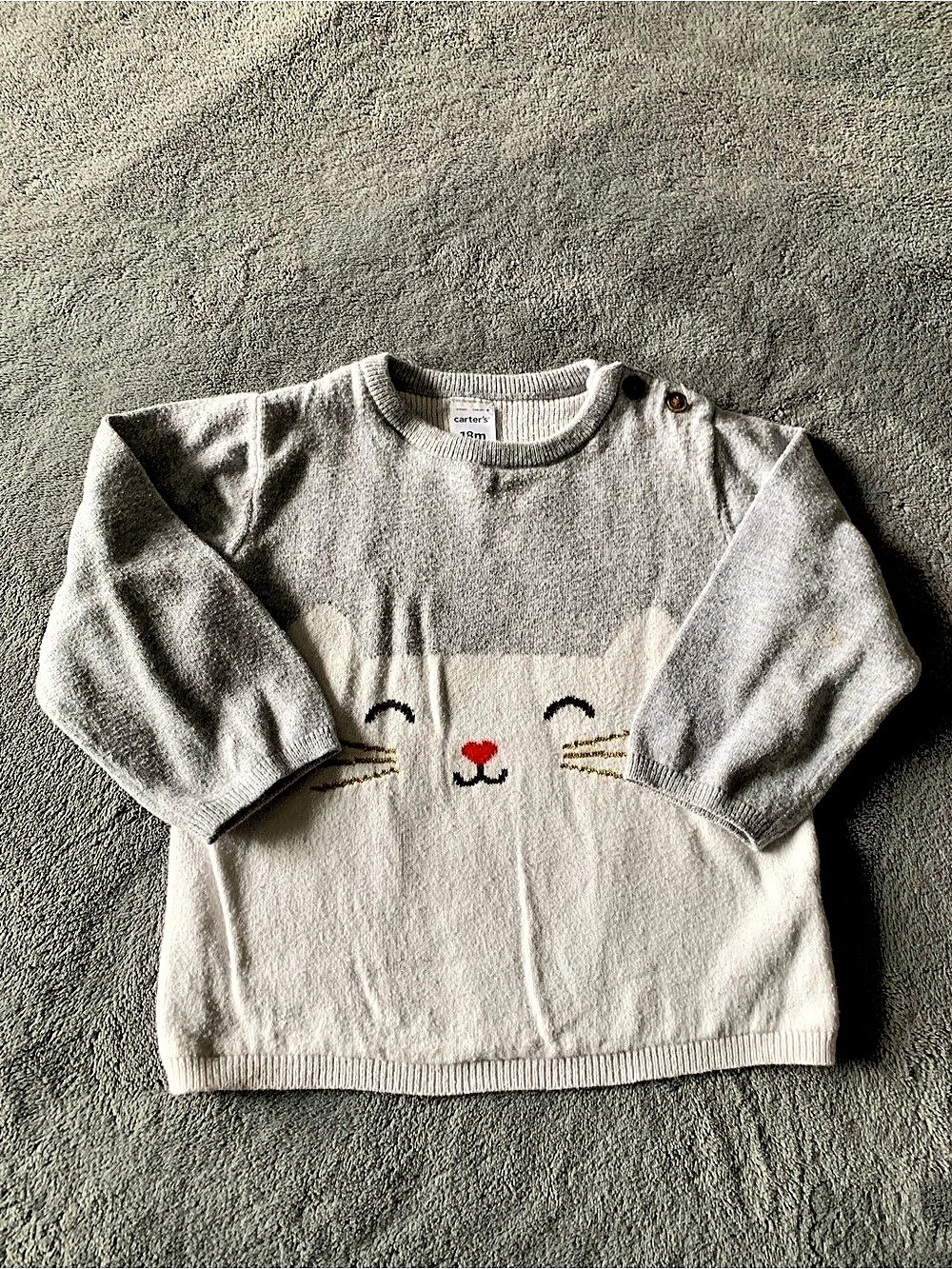 Carter's Gray & White Cat Face Sweater size 18 months